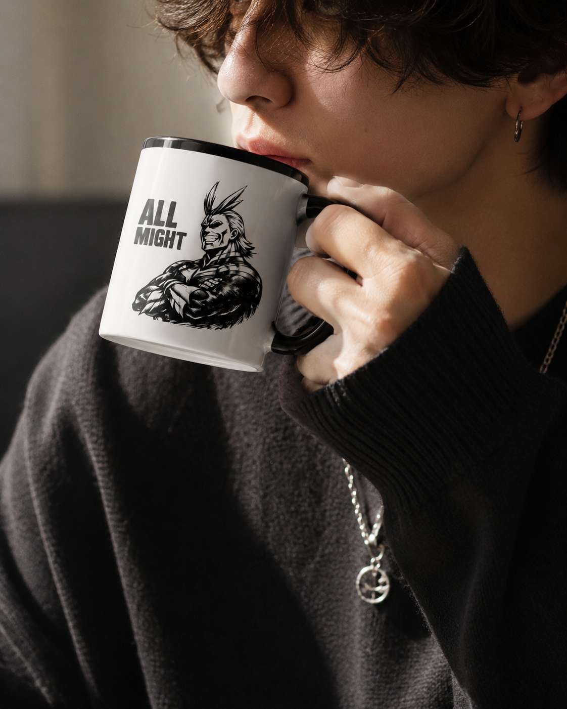 All Might Anime Printed Ceramic Coffee Mug – Black & White Hero Design for Anime Fans